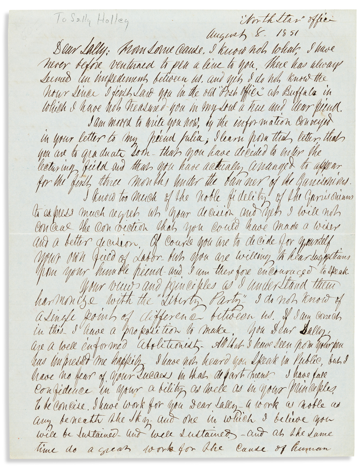 DOUGLASS, FREDERICK. Autograph Letter Signed, to Sallie Holley (Dear Sally),